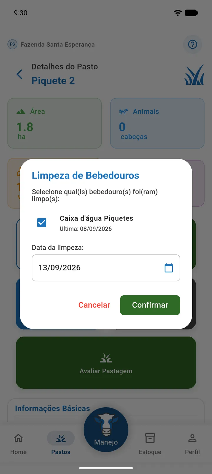 Diálogo Limpeza de Bebedouros com dois bebedouros marcados e a data da limpeza