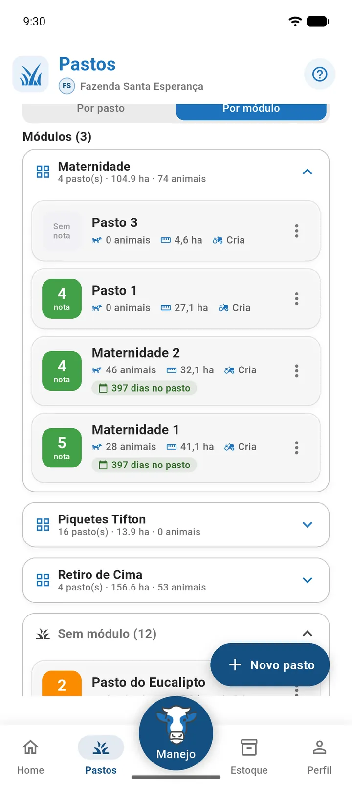 Lista de pastos na visão Por módulo, com um módulo aberto mostrando seus pastos e o bloco Sem módulo no final