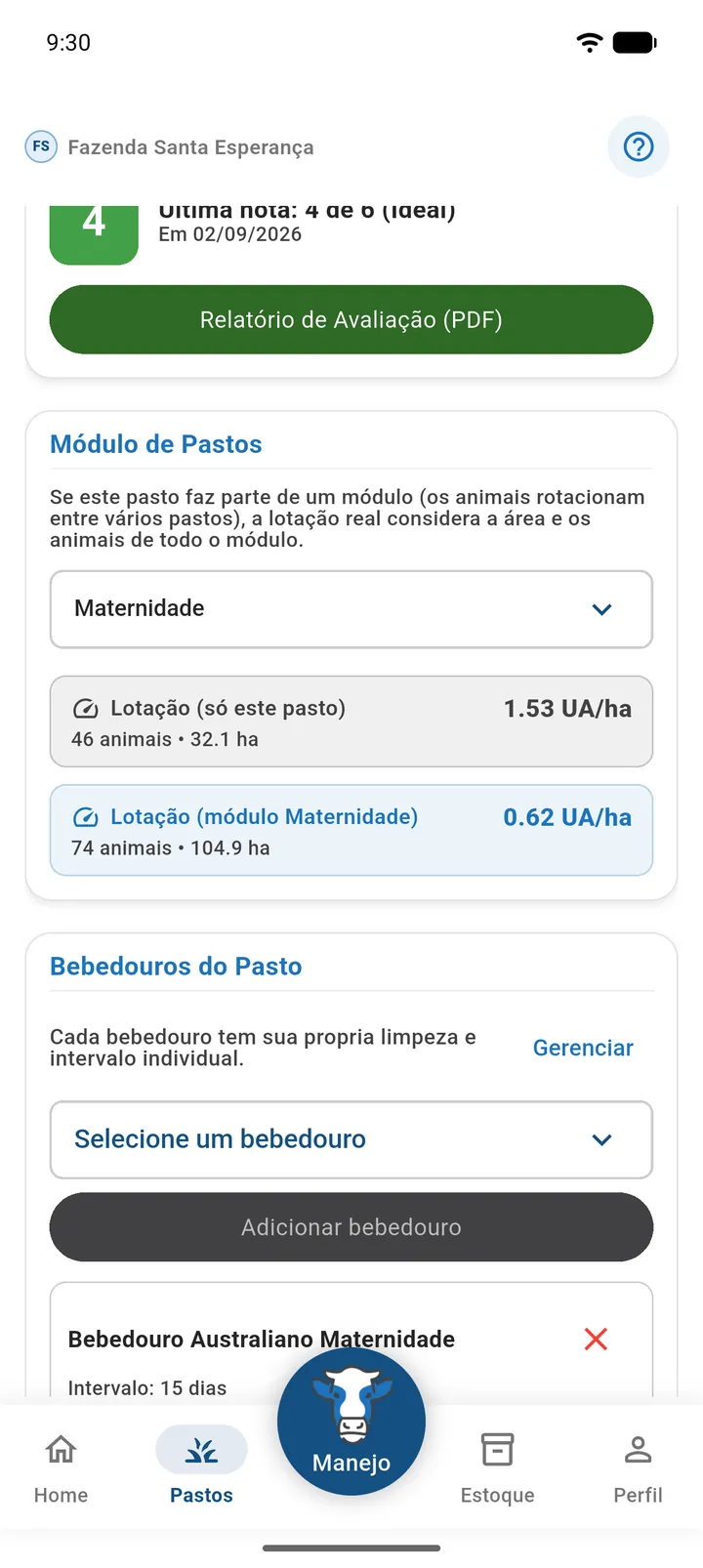 Cartão Módulo e lotação nos detalhes do pasto com as linhas Só este pasto e Módulo inteiro