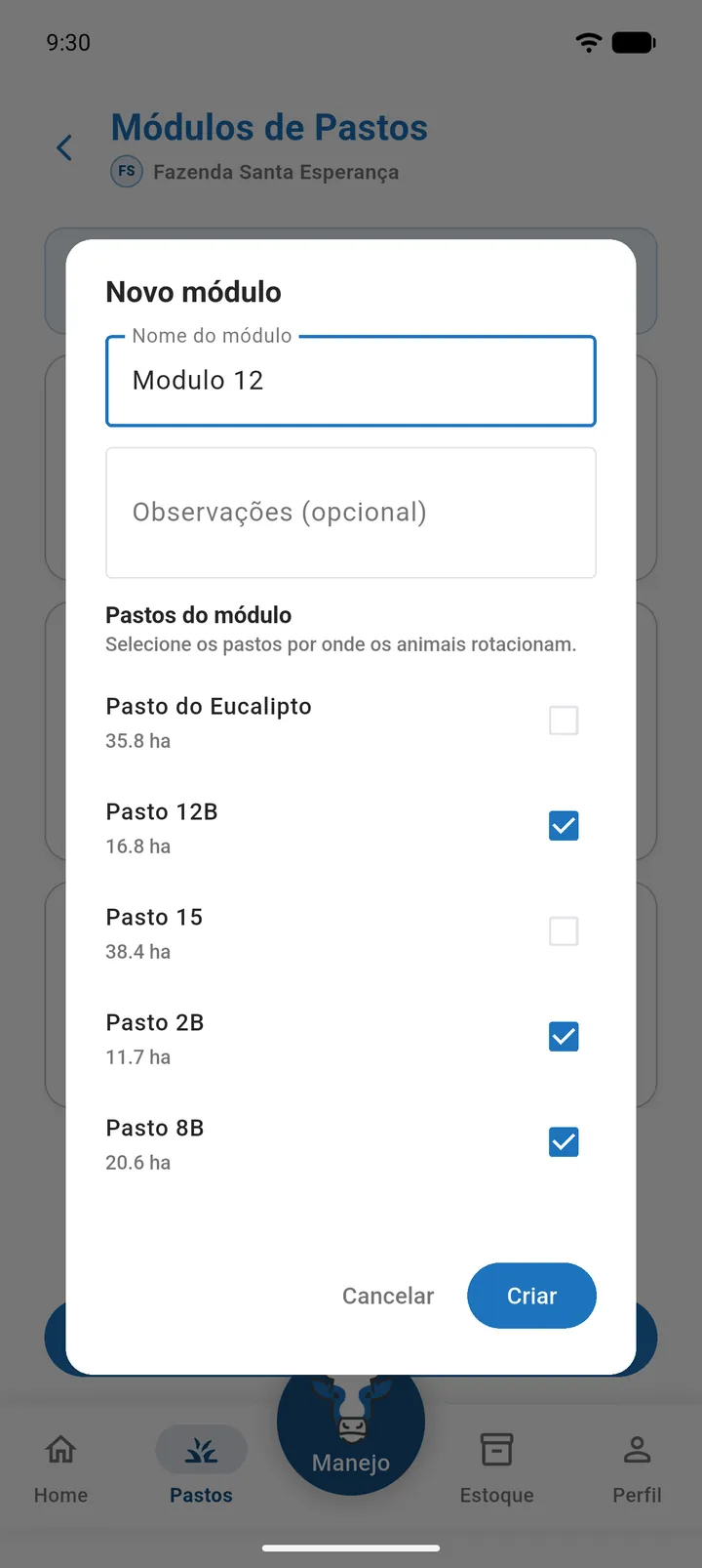 Formulário Novo módulo com o nome Módulo 12 e três pastos marcados