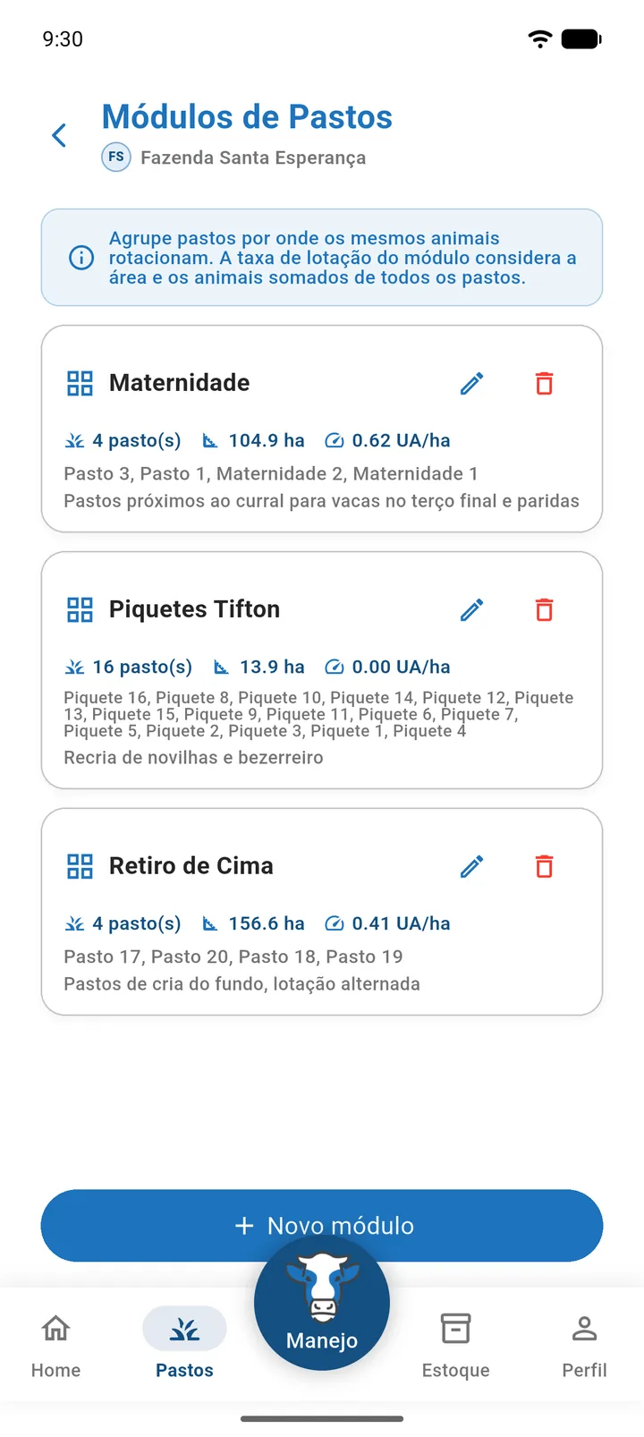 Tela Módulos de Pastos com dois cartões de módulo mostrando pastos, área e UA/ha