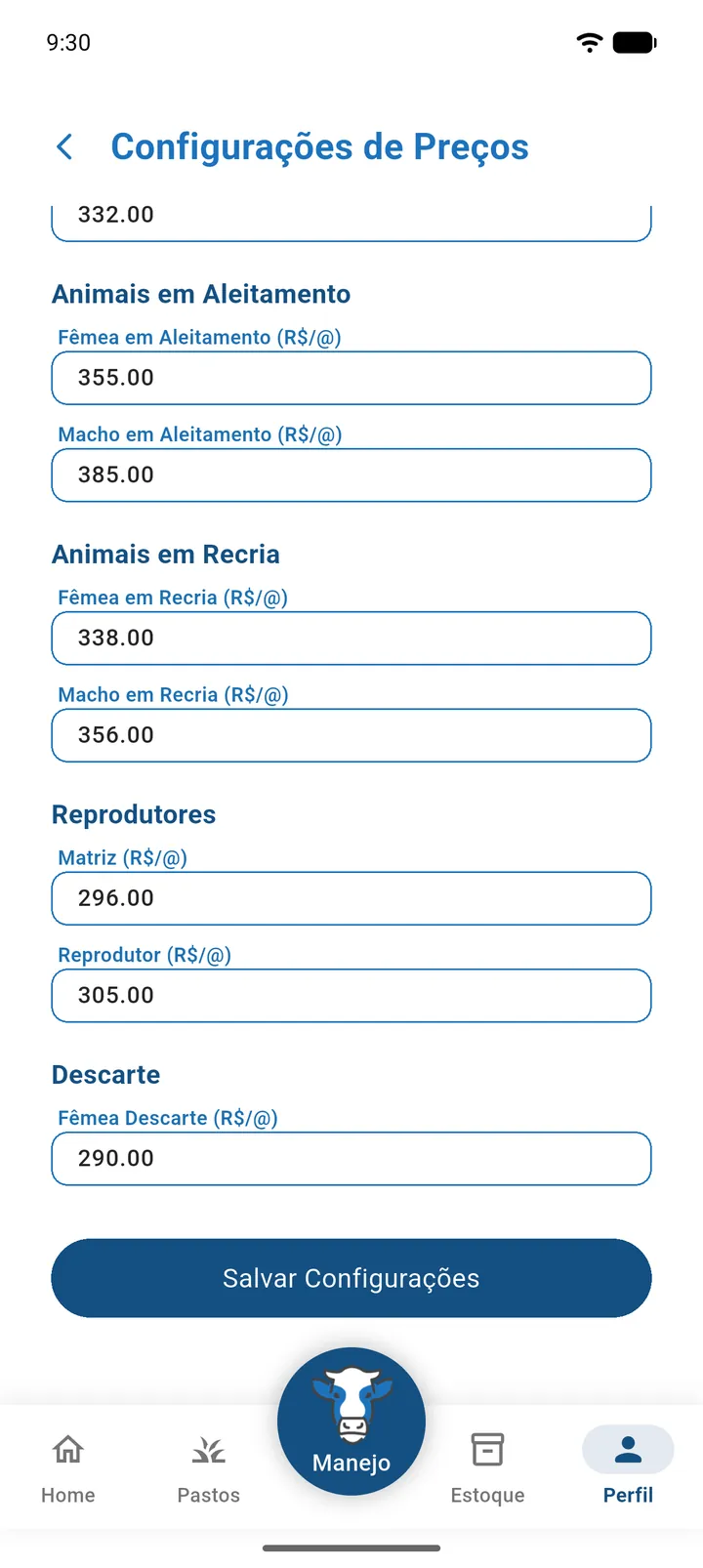 Tela Configurações de Preços preenchida, com o botão Salvar Configurações