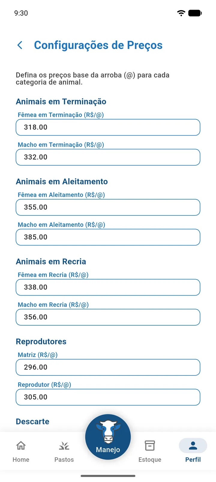 Tela Configurações de Preços com as seções Animais em Terminação, Aleitamento, Recria, Reprodutores e Descarte