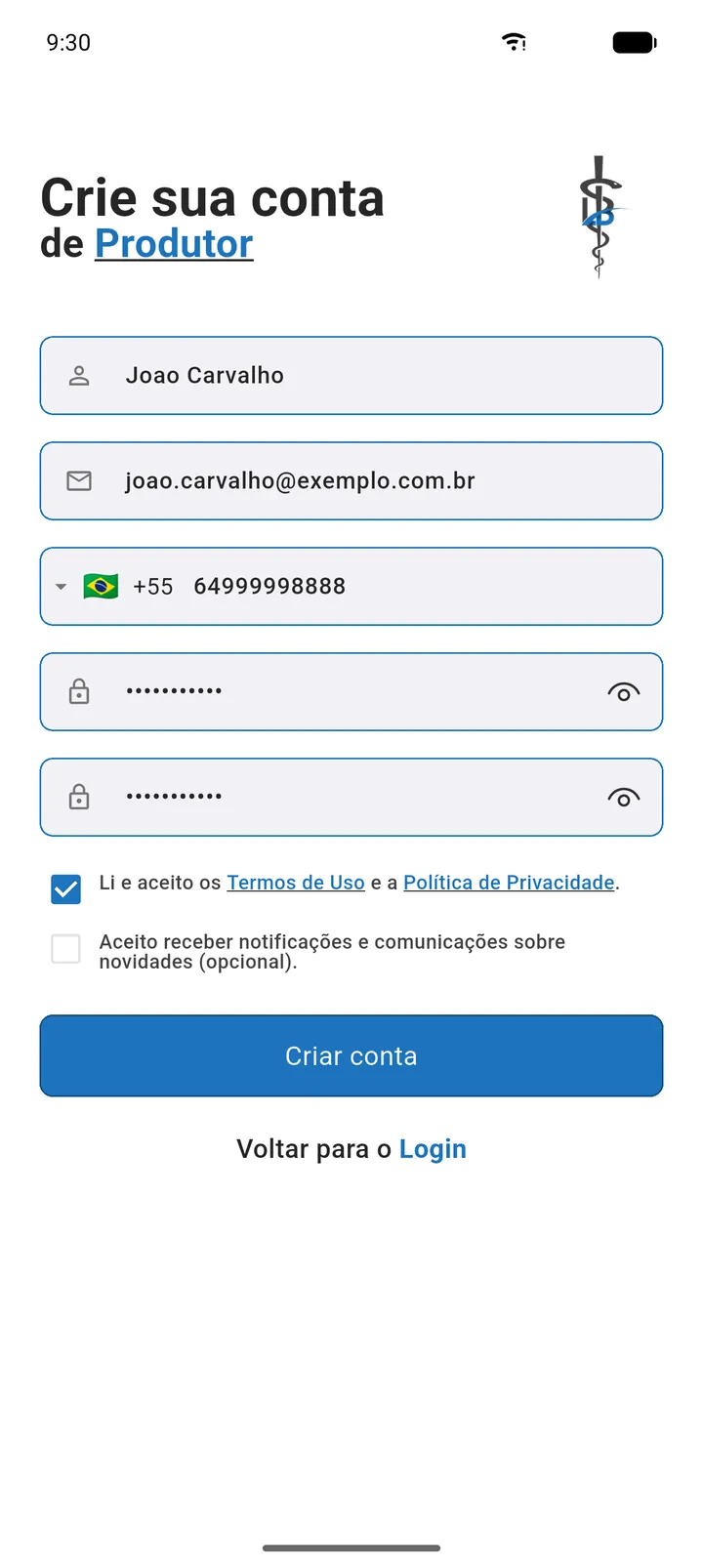 Tela Crie sua conta de Produtor com todos os campos preenchidos e o aceite dos termos marcado