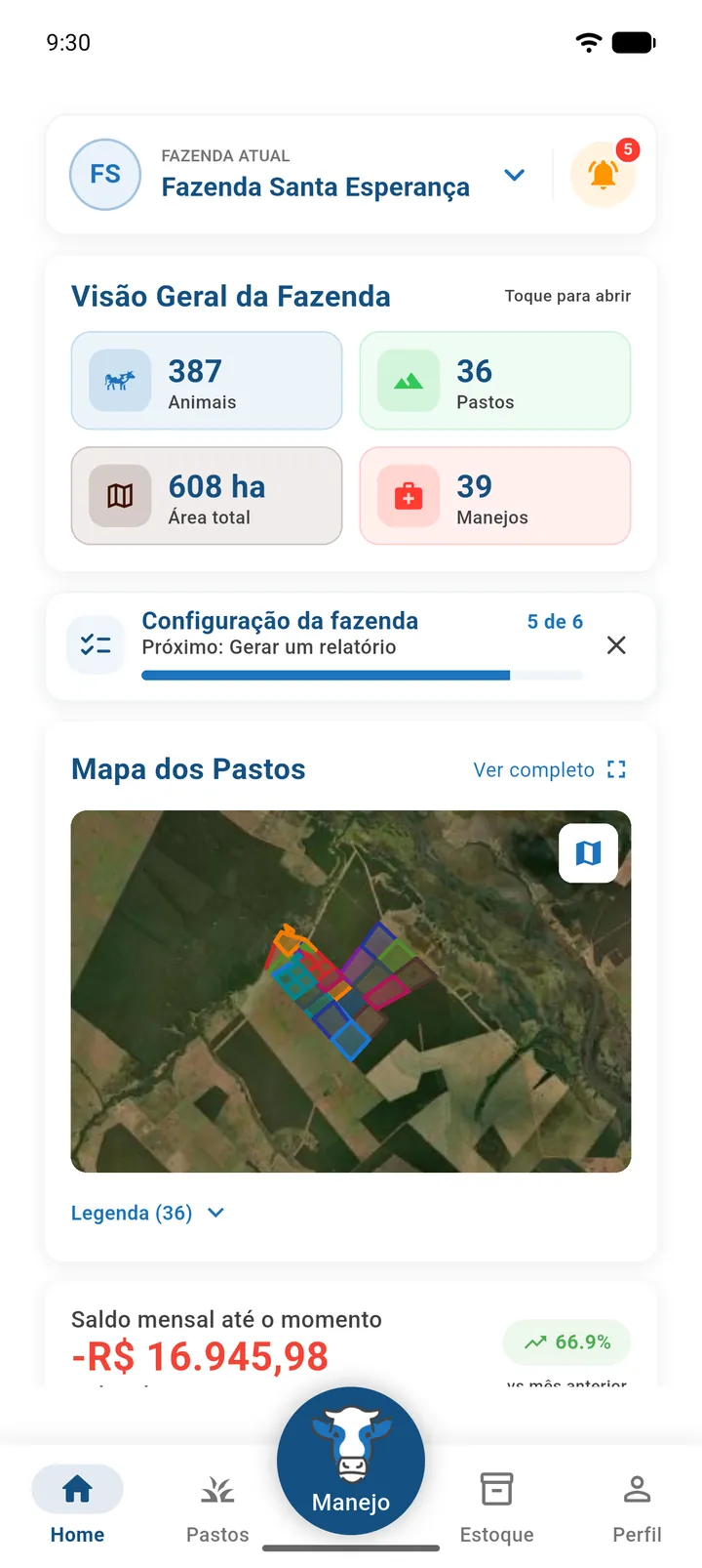 Card Configuração da fazenda na tela inicial, com 2 de 6 passos concluídos e o próximo passo em destaque