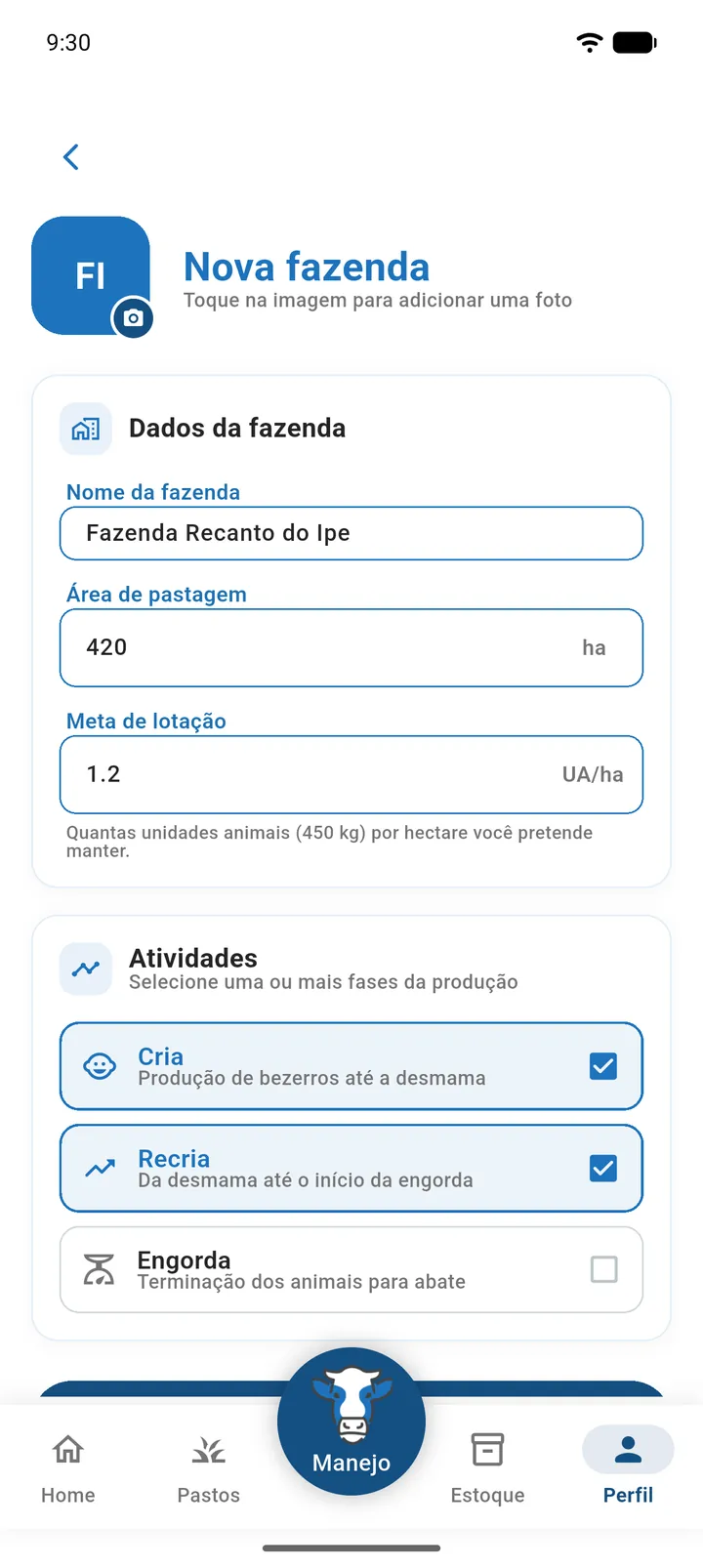 Tela Nova fazenda com nome, área de pastagem, meta de lotação e atividades preenchidos