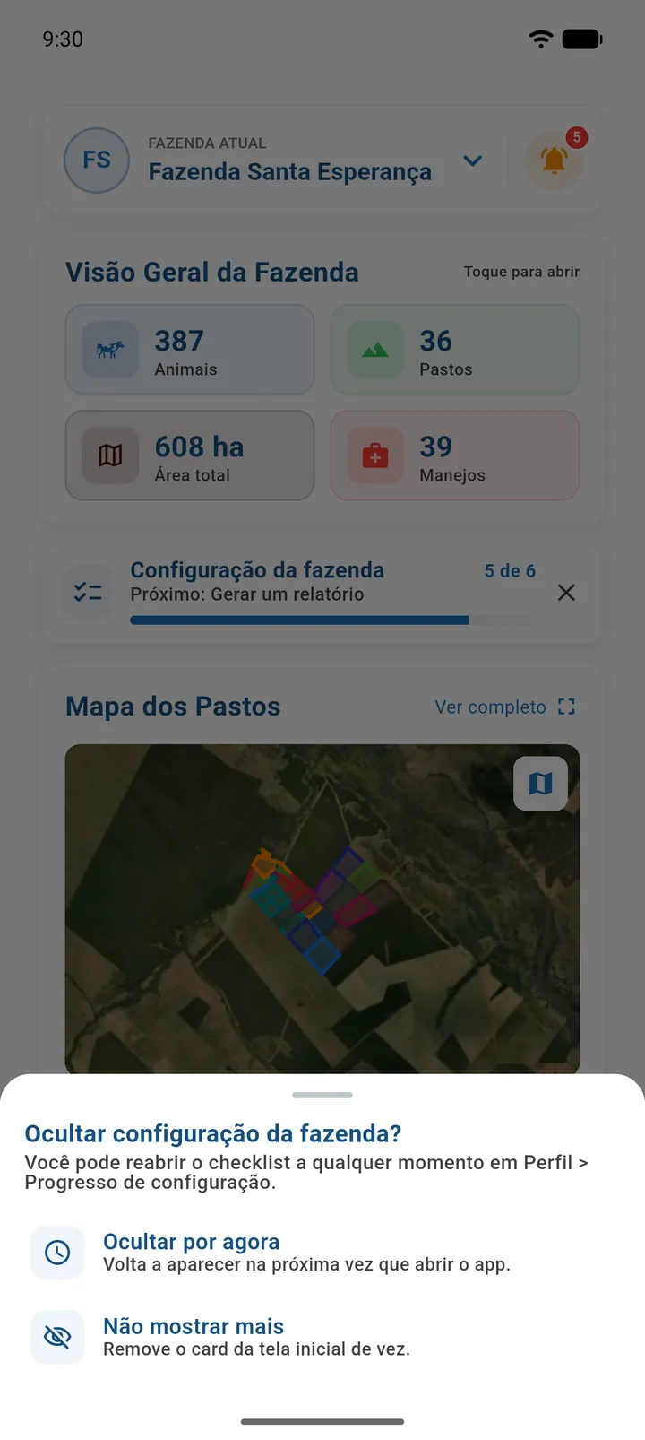 Diálogo Ocultar configuração da fazenda? com as opções Ocultar por agora e Não mostrar mais