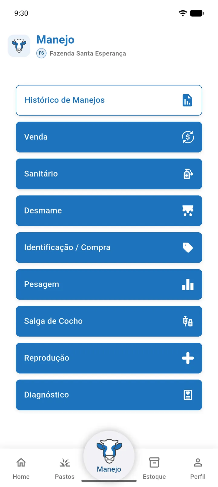Tela Manejo com os tipos de manejo disponíveis