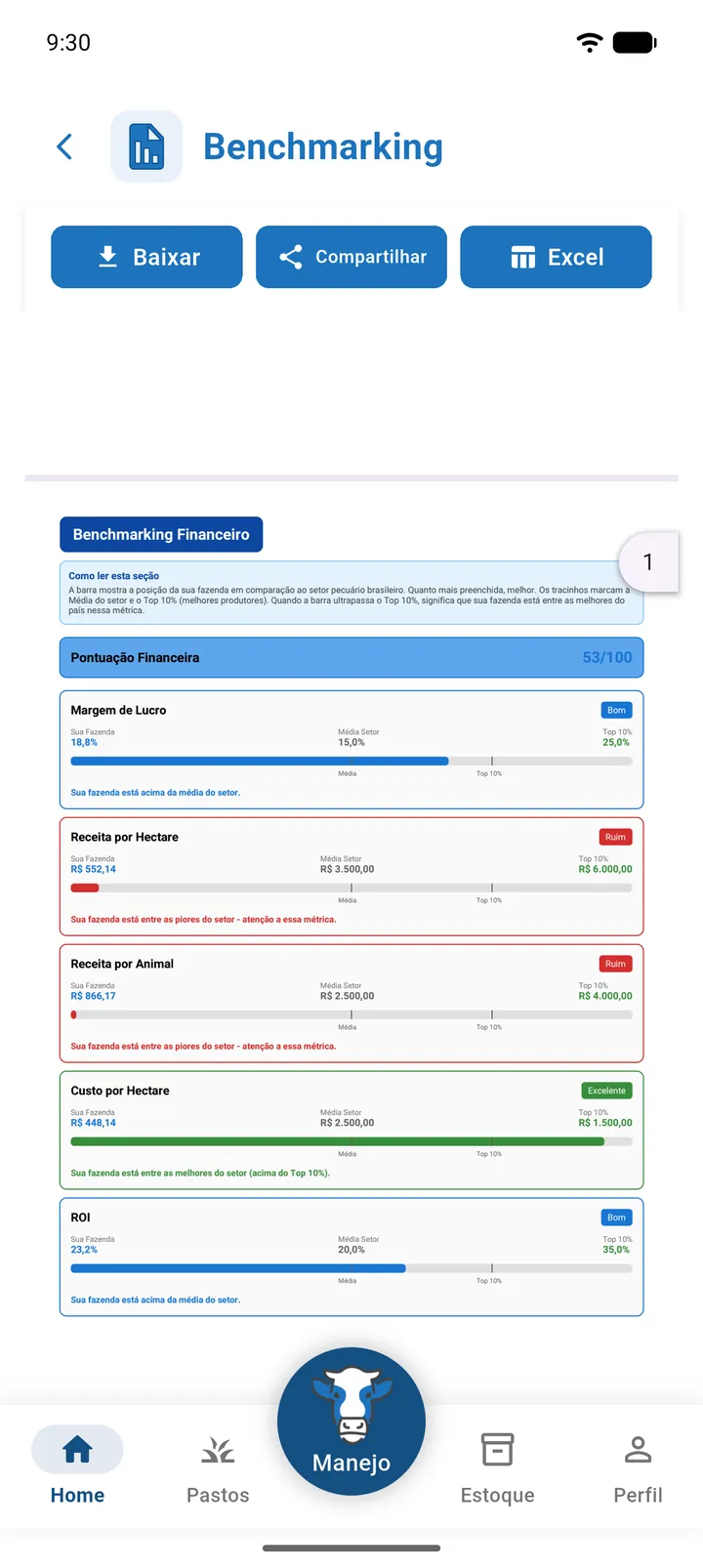 PDF de Benchmarking com a Classificação Geral e as barras Sua Fazenda, Média Setor e Top 10%