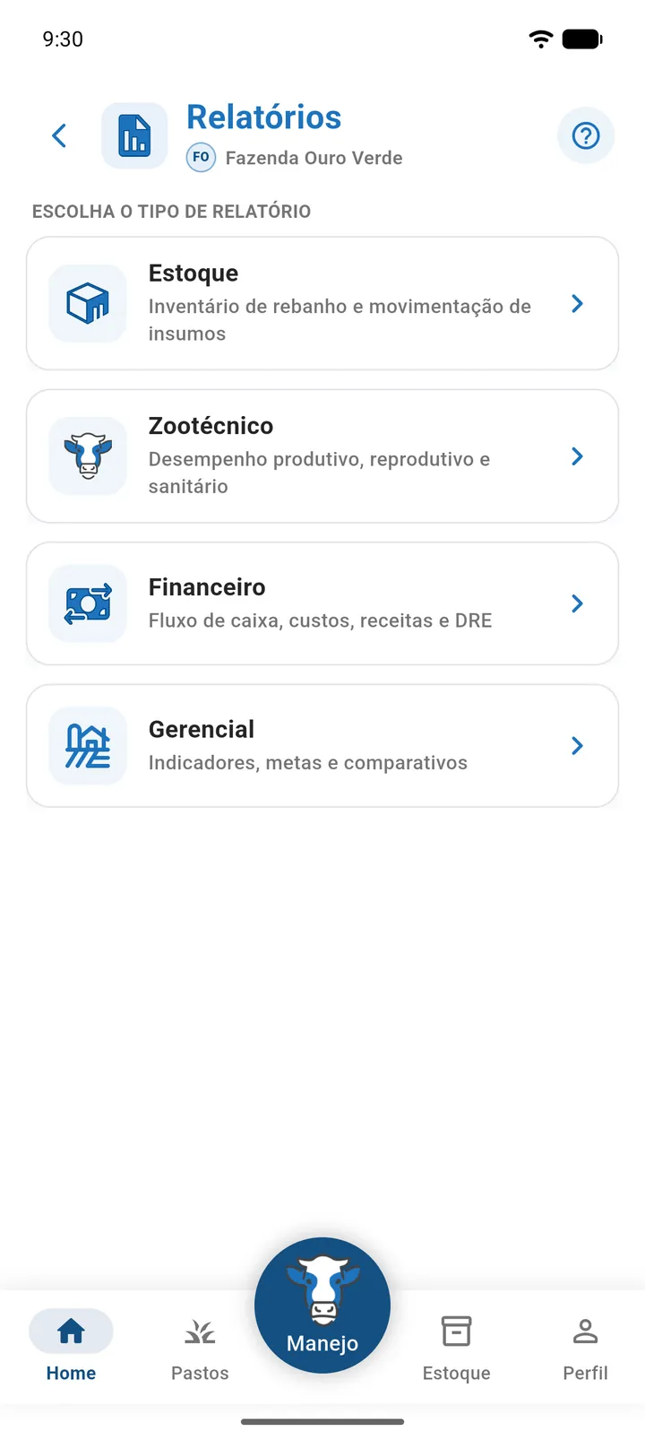 Tela Relatórios com os quatro cards de categoria: Estoque, Zootécnico, Financeiro e Gerencial