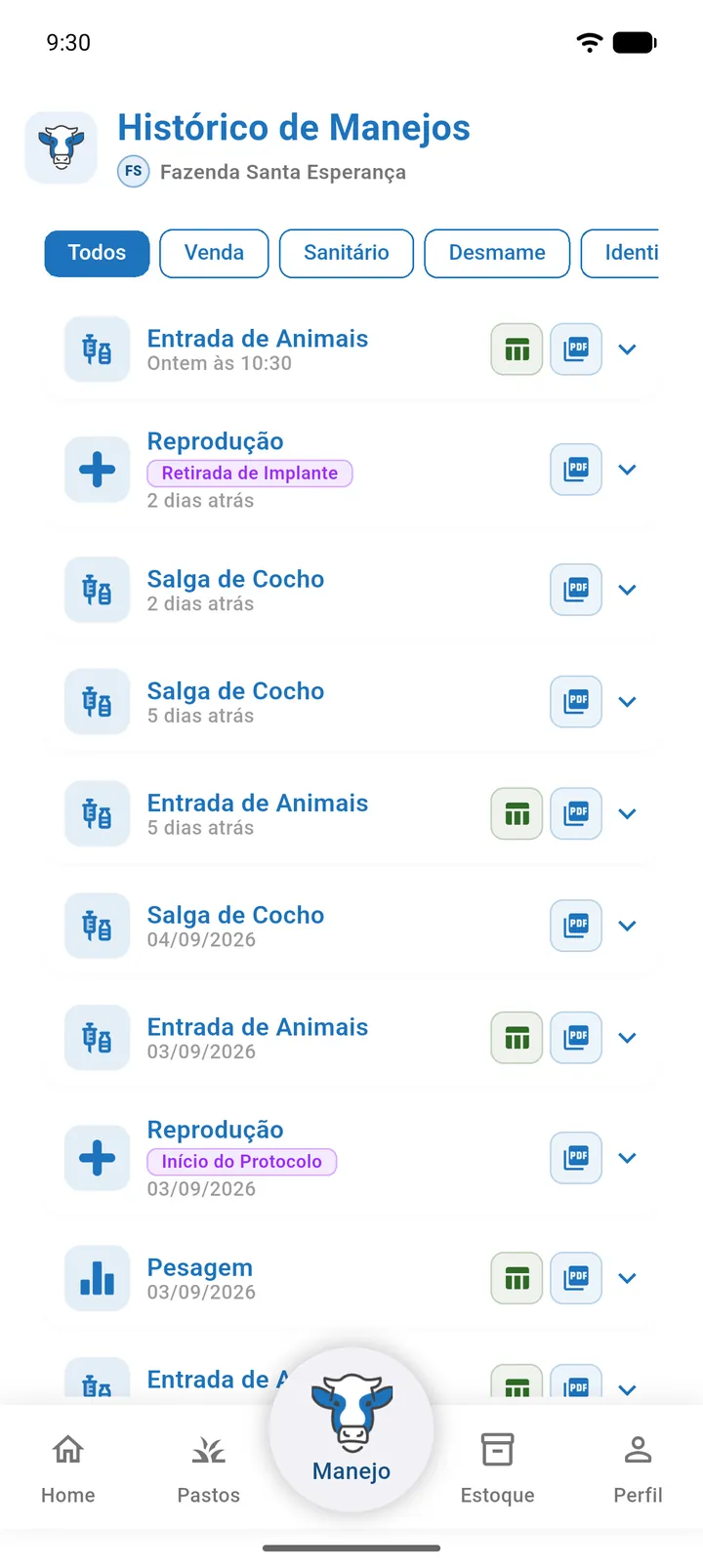 Card de manejo no Histórico de Manejos com o ícone de PDF