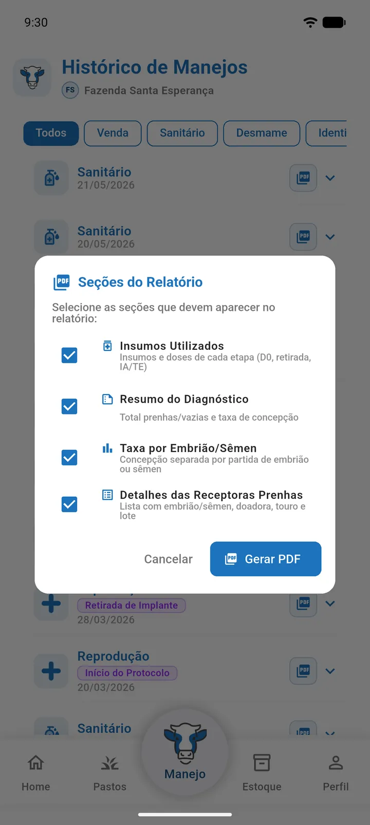 Diálogo Seções do Relatório do PDF de diagnóstico