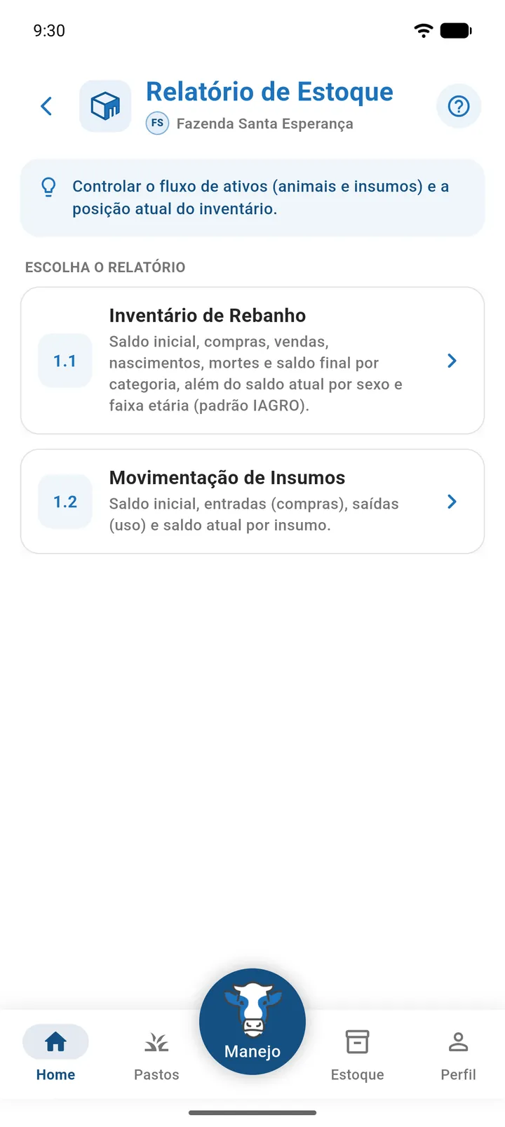 Tela Relatório de Estoque com os cards 1.1 Inventário de Rebanho e 1.2 Movimentação de Insumos