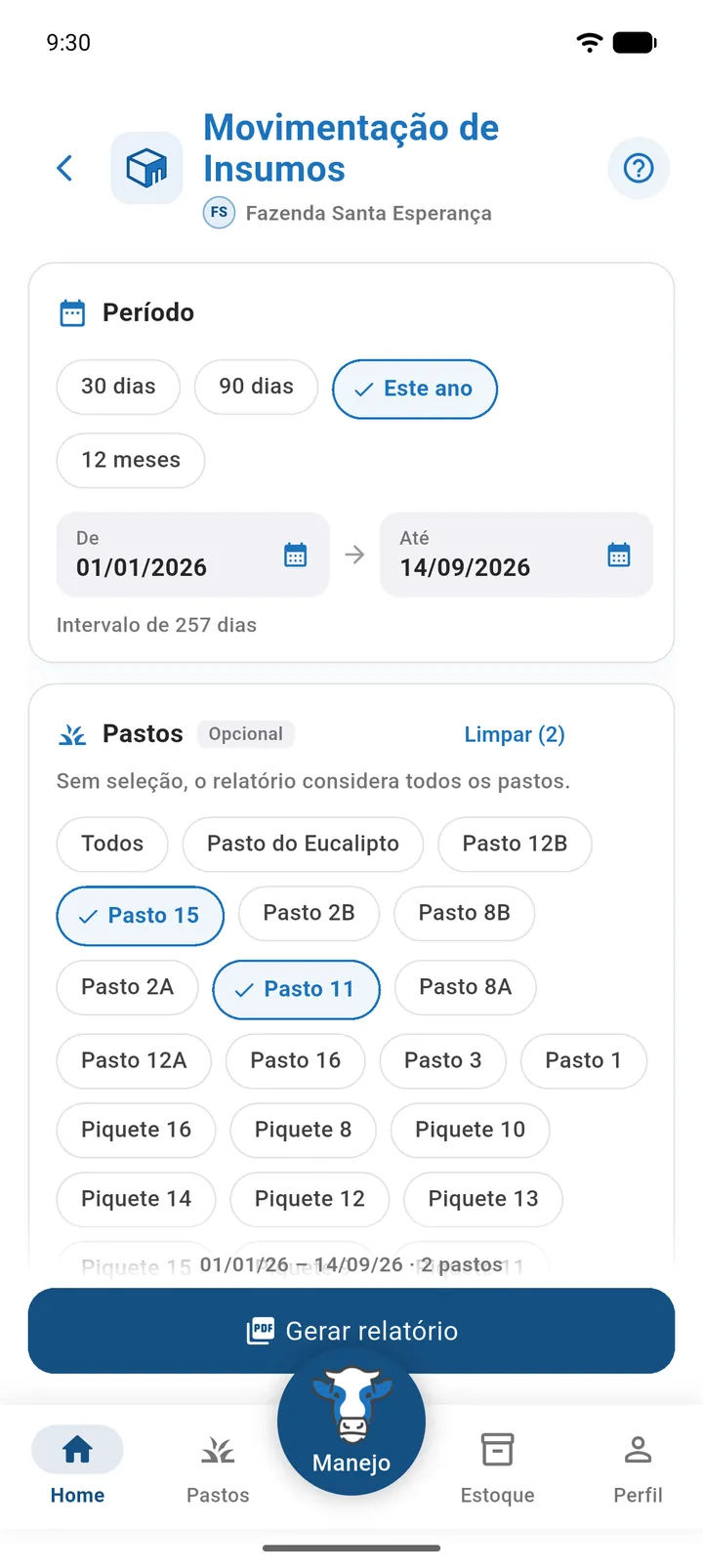 Filtro de pastos com alguns chips selecionados e o botão Limpar