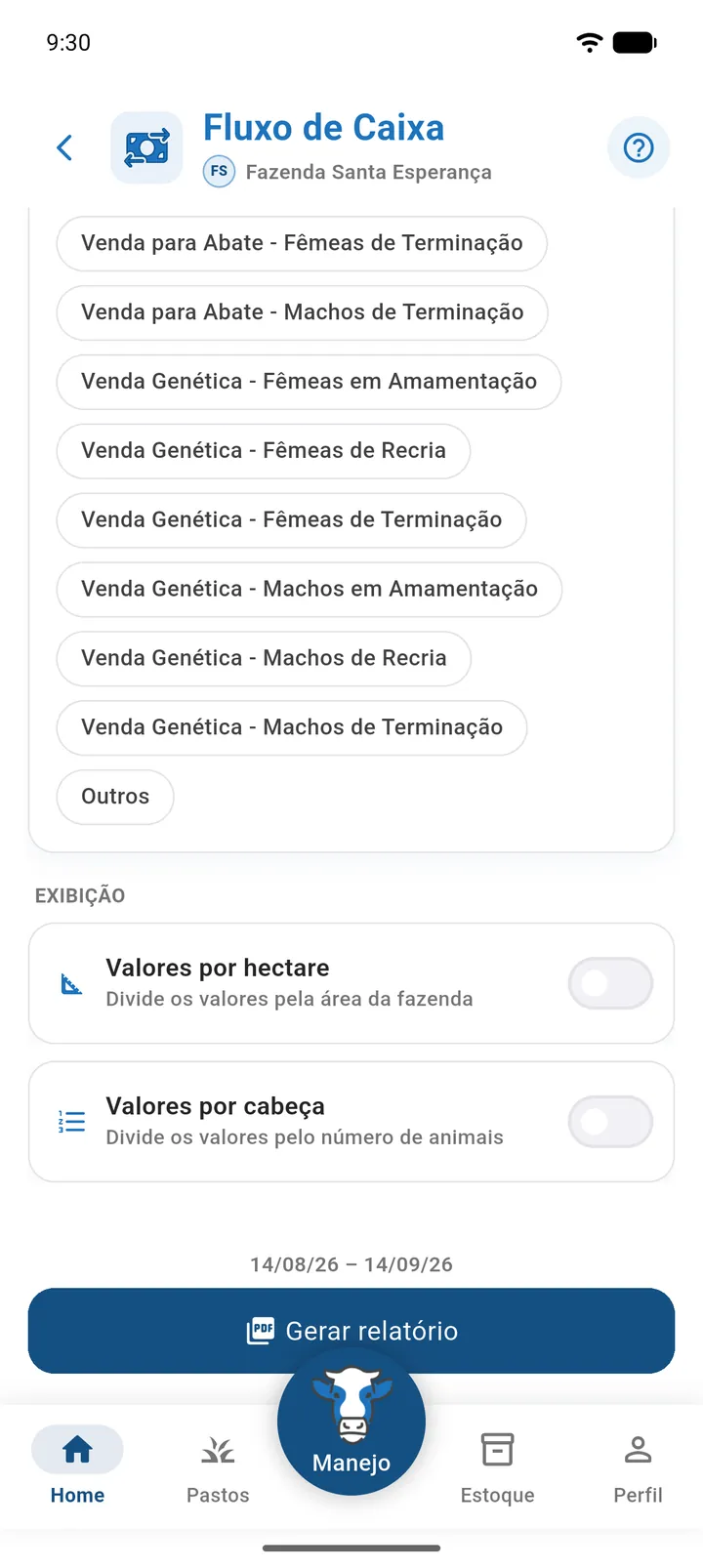 Tela de filtros financeiros com Tipos de custo, Tipos de receita e as chaves por hectare e por cabeça