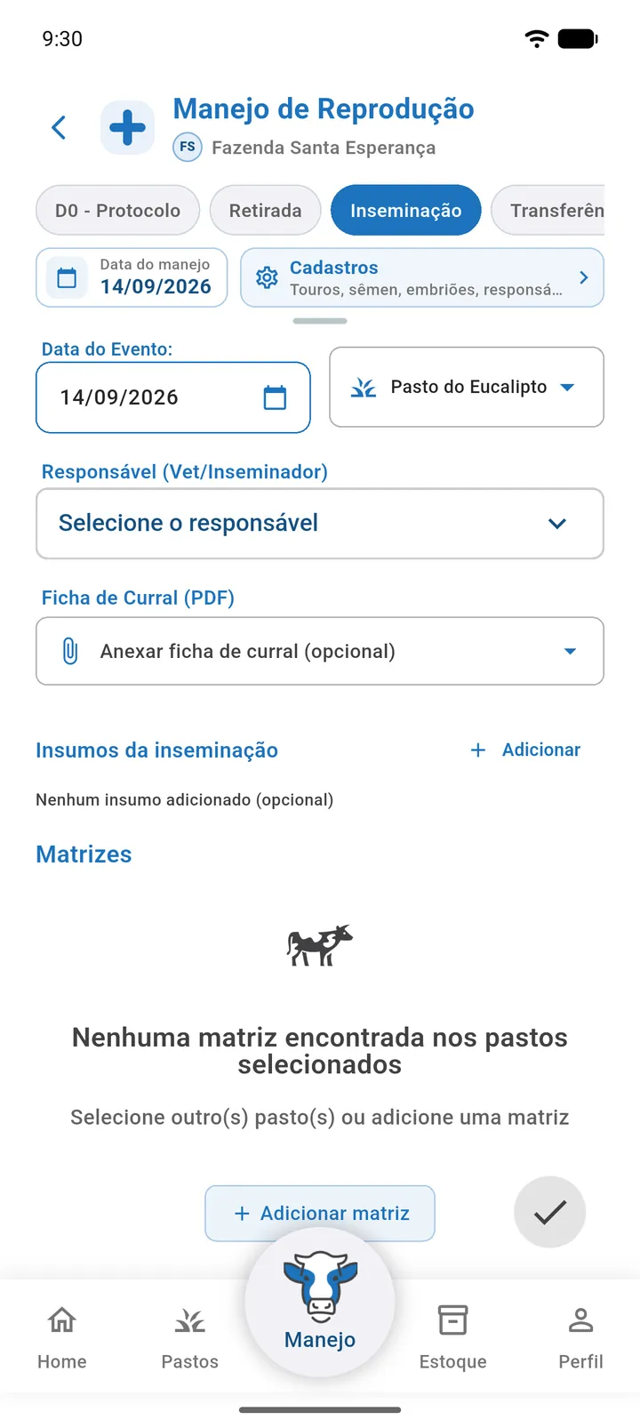 Manejo de reprodução com o atalho Cadastros e o link Ir para Cadastros abaixo do campo de responsável