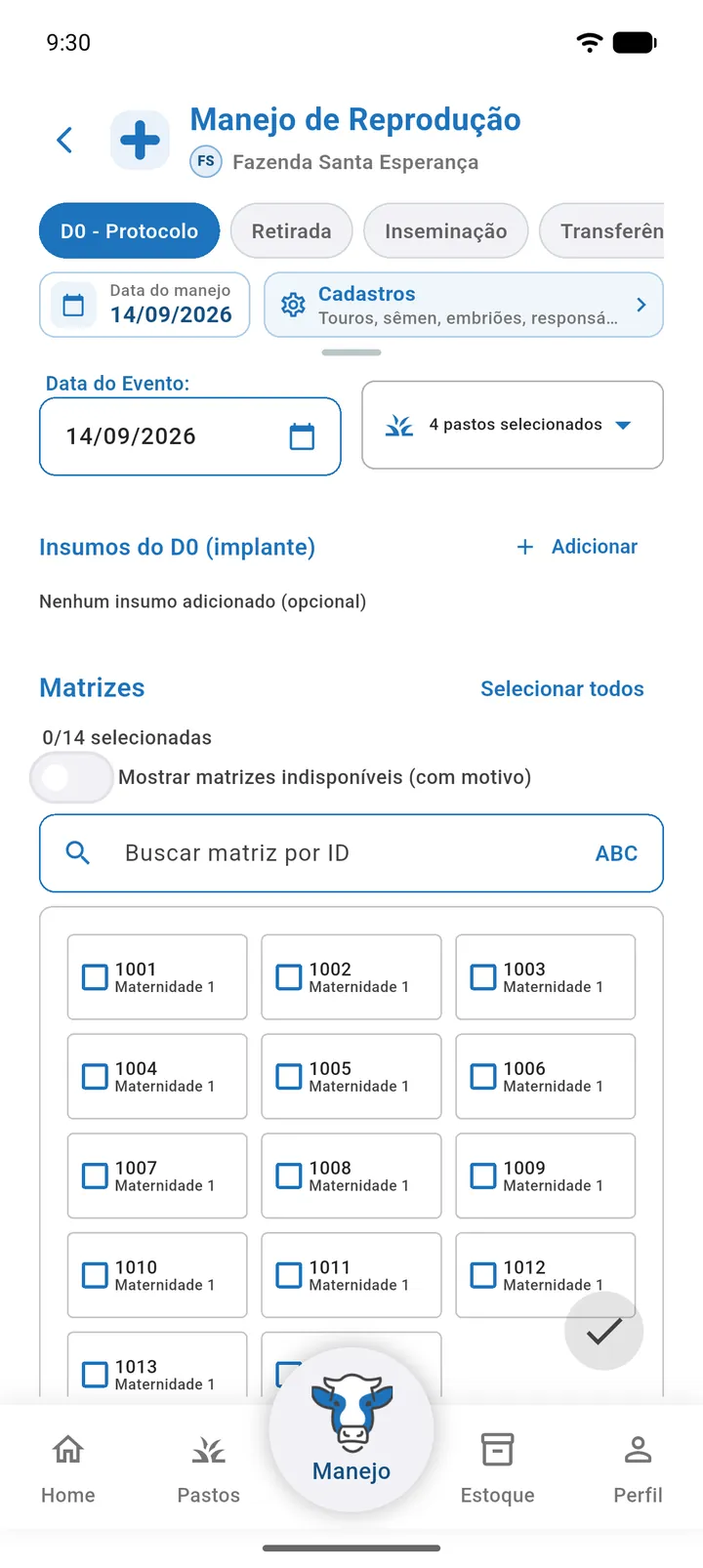 Topo da tela de Reprodução mostrando as abas de fase, o chip de data, o atalho Cadastros e o aviso de protocolo em andamento