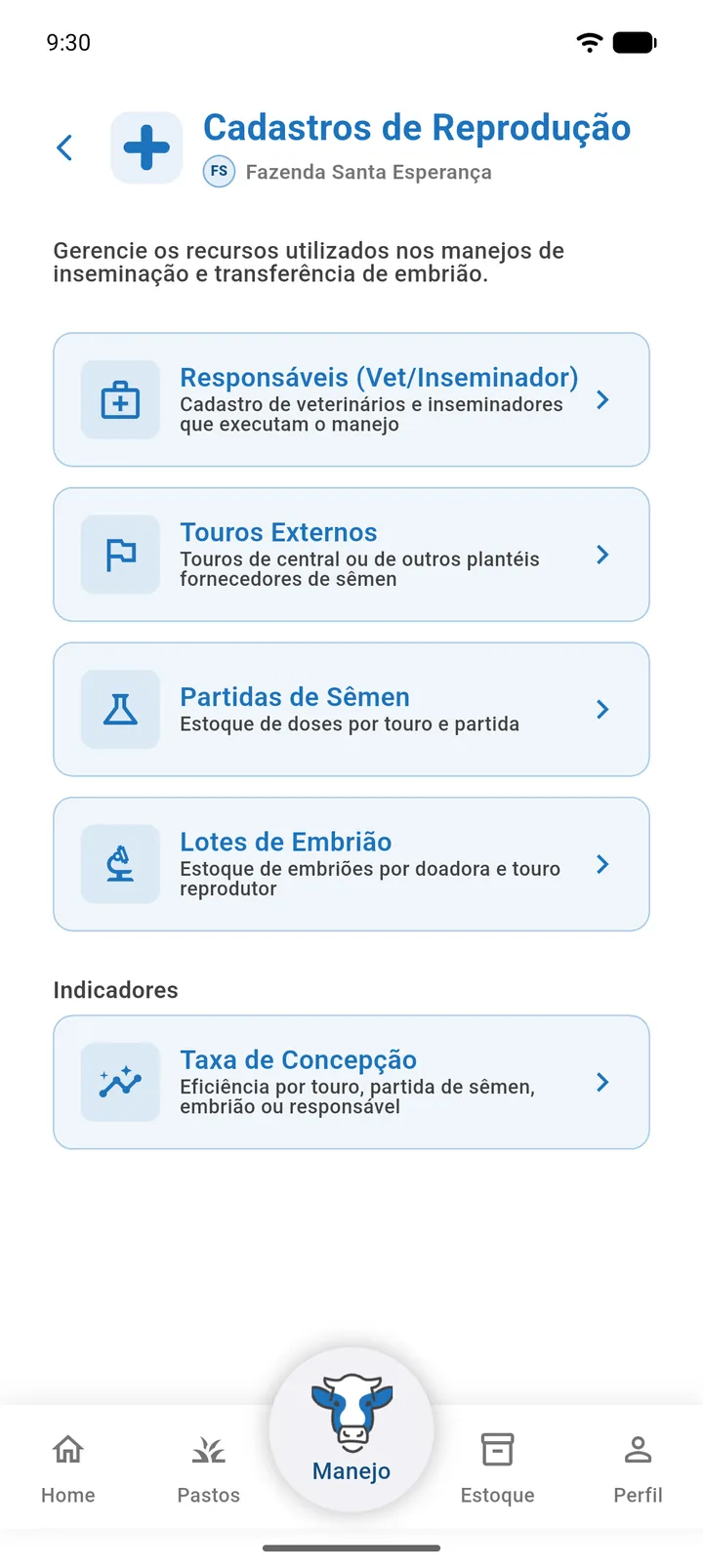 Tela Cadastros de Reprodução com as opções Responsáveis, Touros Externos, Partidas de Sêmen, Lotes de Embrião, Taxa de Concepção e Pesquisa de Prenhez