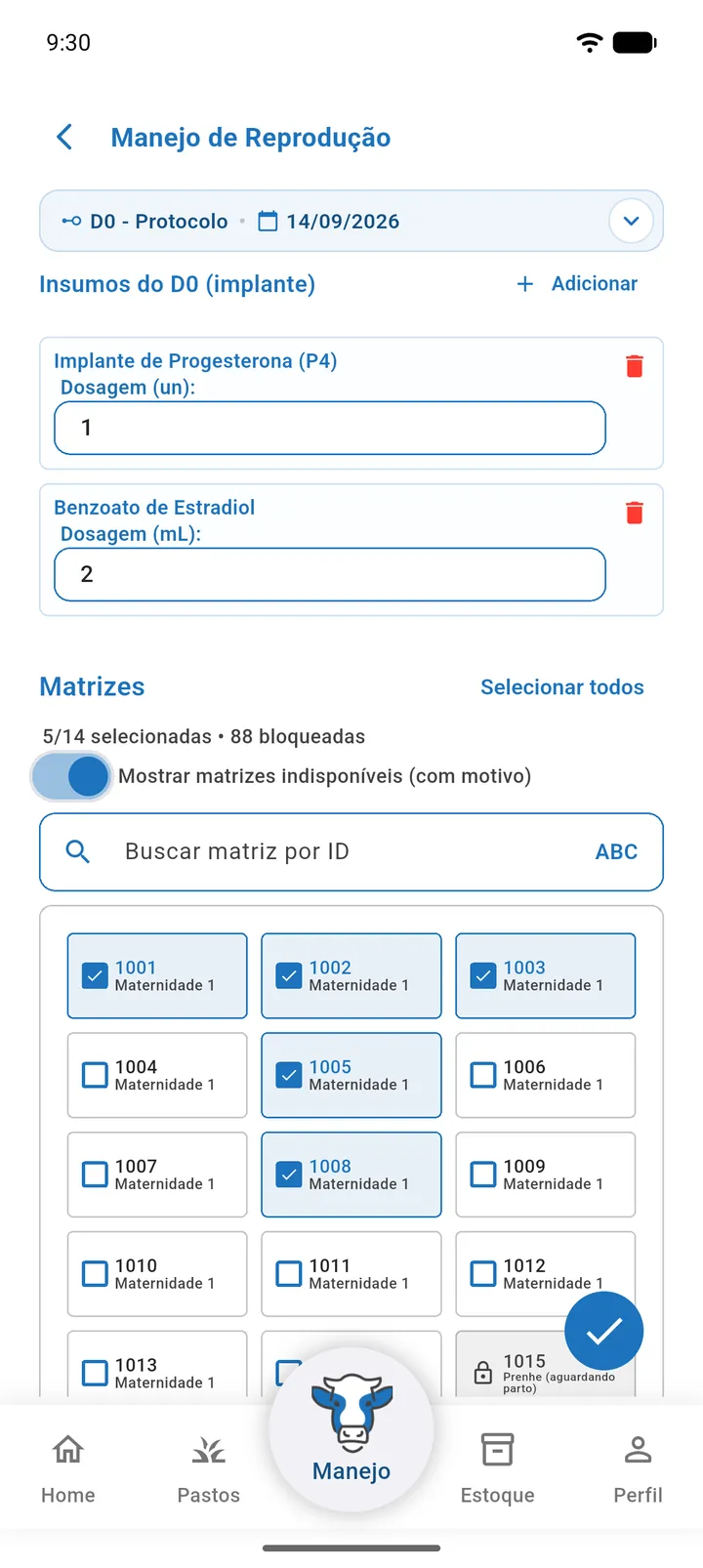 Aba D0 - Protocolo com insumos adicionados e matrizes marcadas na grade