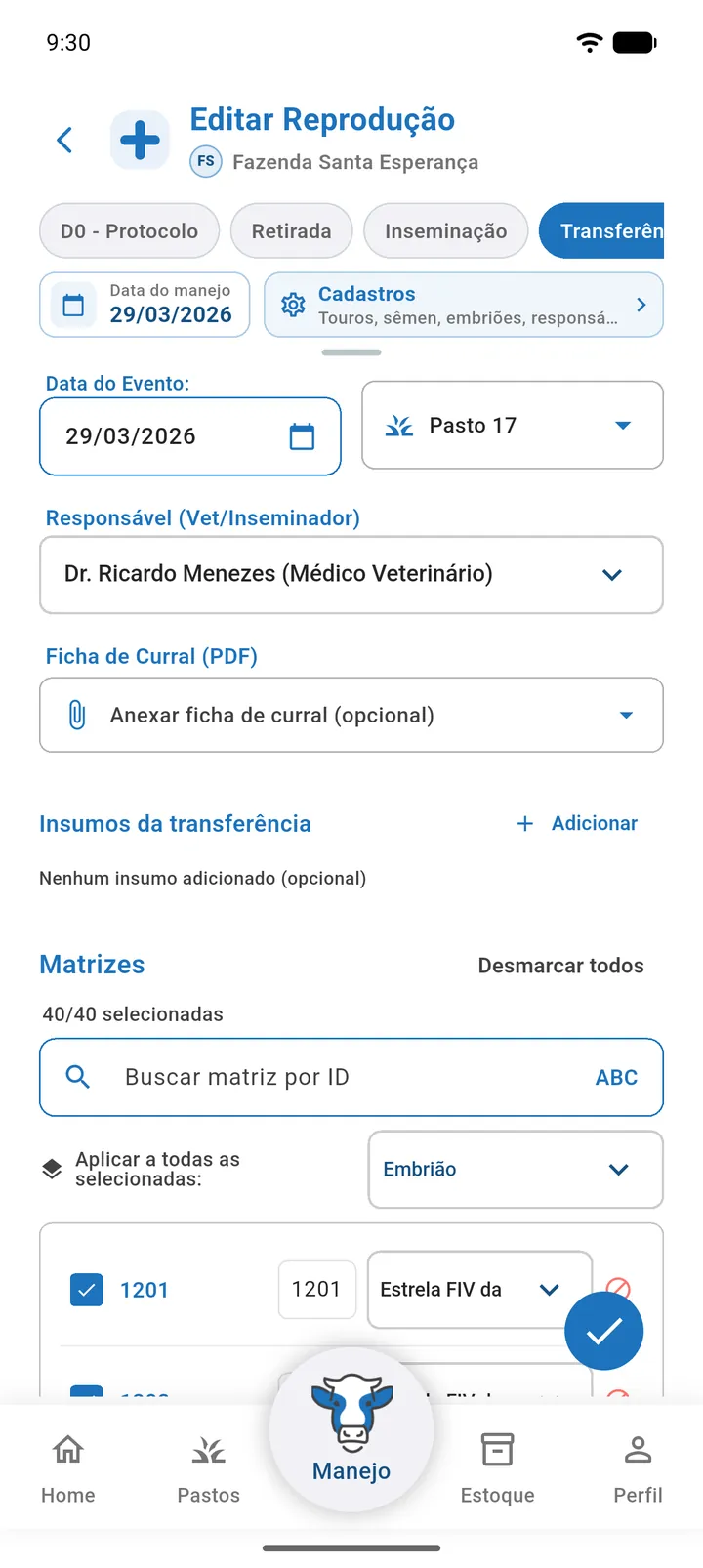 Tela Editar Reprodução aberta na aba Transferência com as receptoras e os embriões do manejo original
