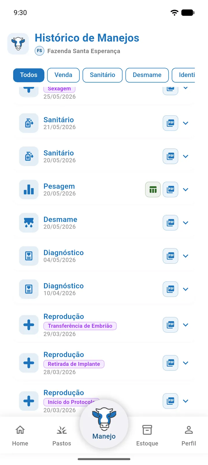 Cartão de um manejo de Transferência no Histórico com o botão verde da ficha anexada, o botão verde de planilha e o botão PDF