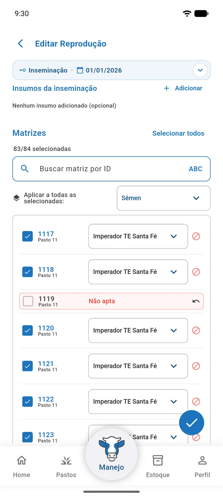 Aba Inseminação com responsável escolhido, matrizes marcadas, sêmen atribuído a cada uma e uma matriz marcada como Não apta