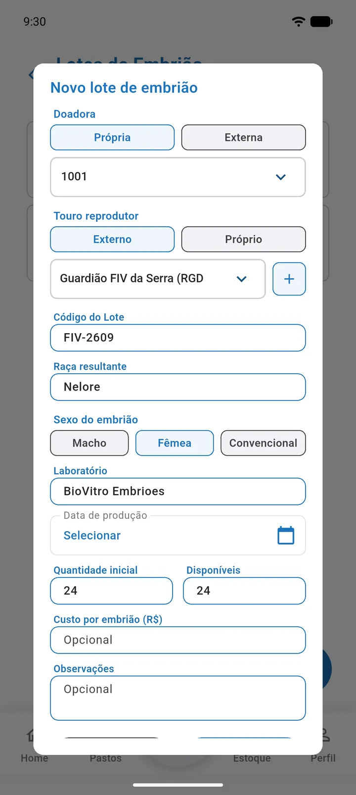 Formulário Novo lote de embrião com as abas Própria e Externa da doadora e as abas Externo e Próprio do touro