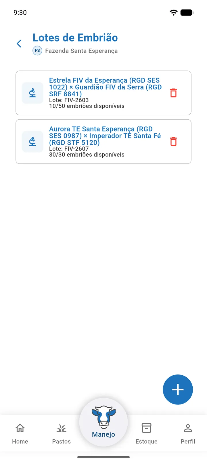 Lista de lotes de embrião com doadora × touro e embriões disponíveis