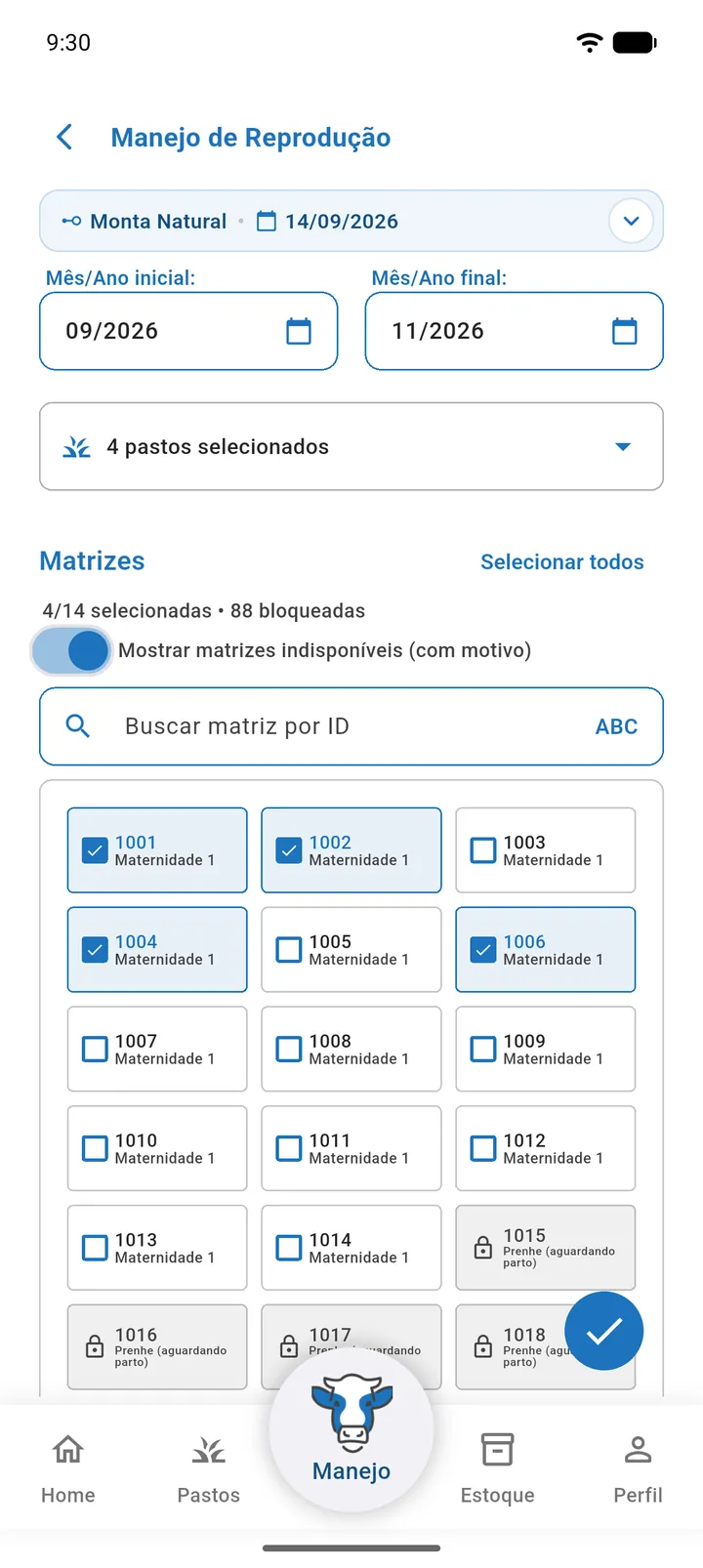 Aba Monta Natural com Mês/Ano inicial e final preenchidos e matrizes marcadas