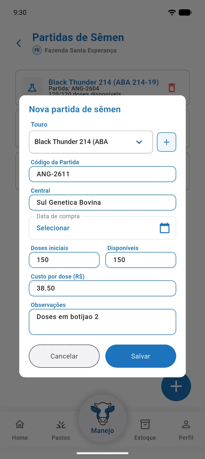 Formulário Nova partida de sêmen com Touro, Código da Partida, Doses iniciais e Disponíveis