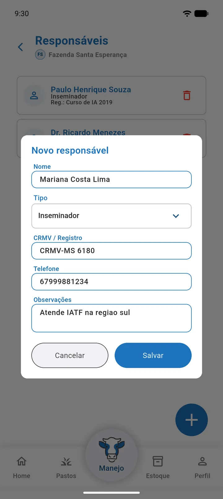 Formulário Novo responsável com Nome, Tipo, CRMV / Registro, Telefone e Observações
