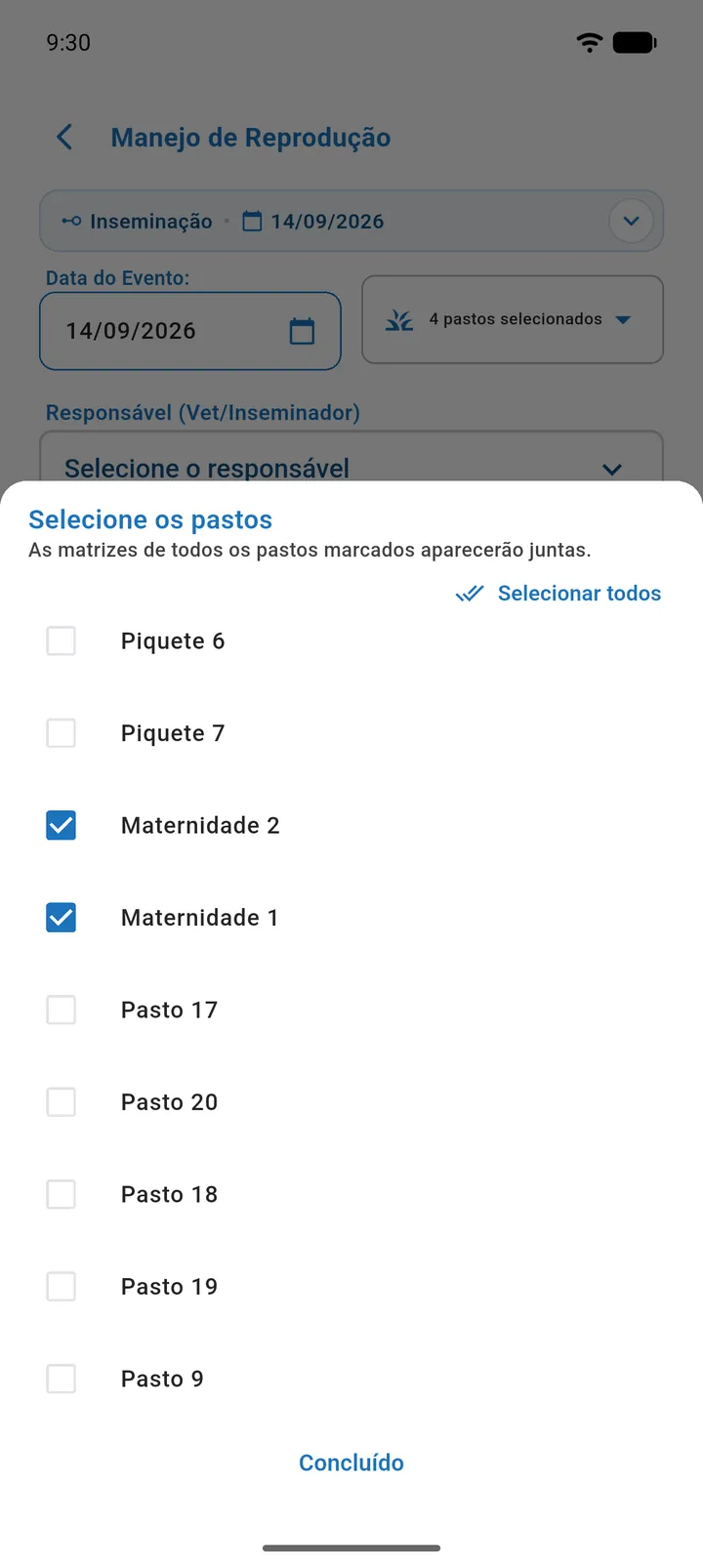 Folha inferior Selecione os pastos com três pastos marcados e os botões Selecionar todos e Concluído