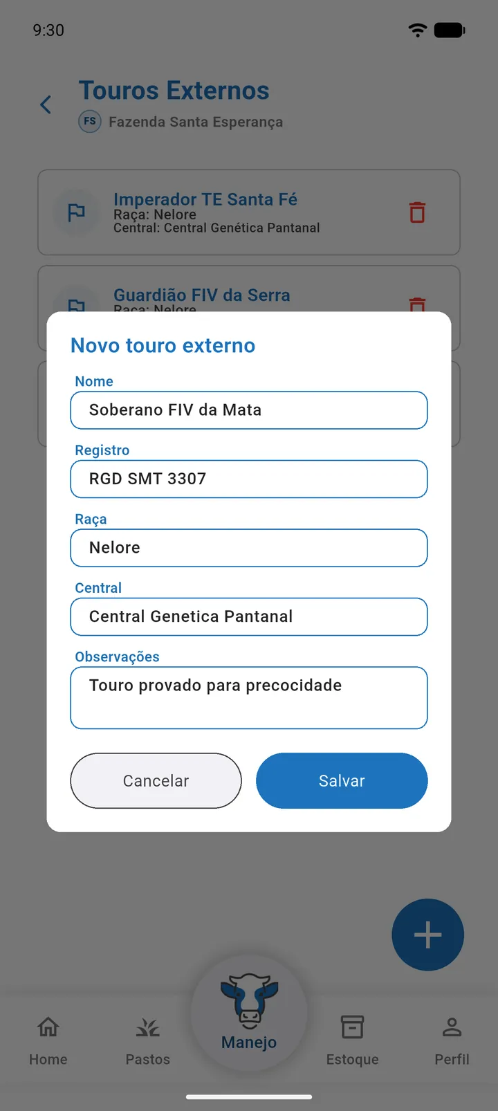 Formulário Novo touro externo com Nome, Registro, Raça, Central e Observações