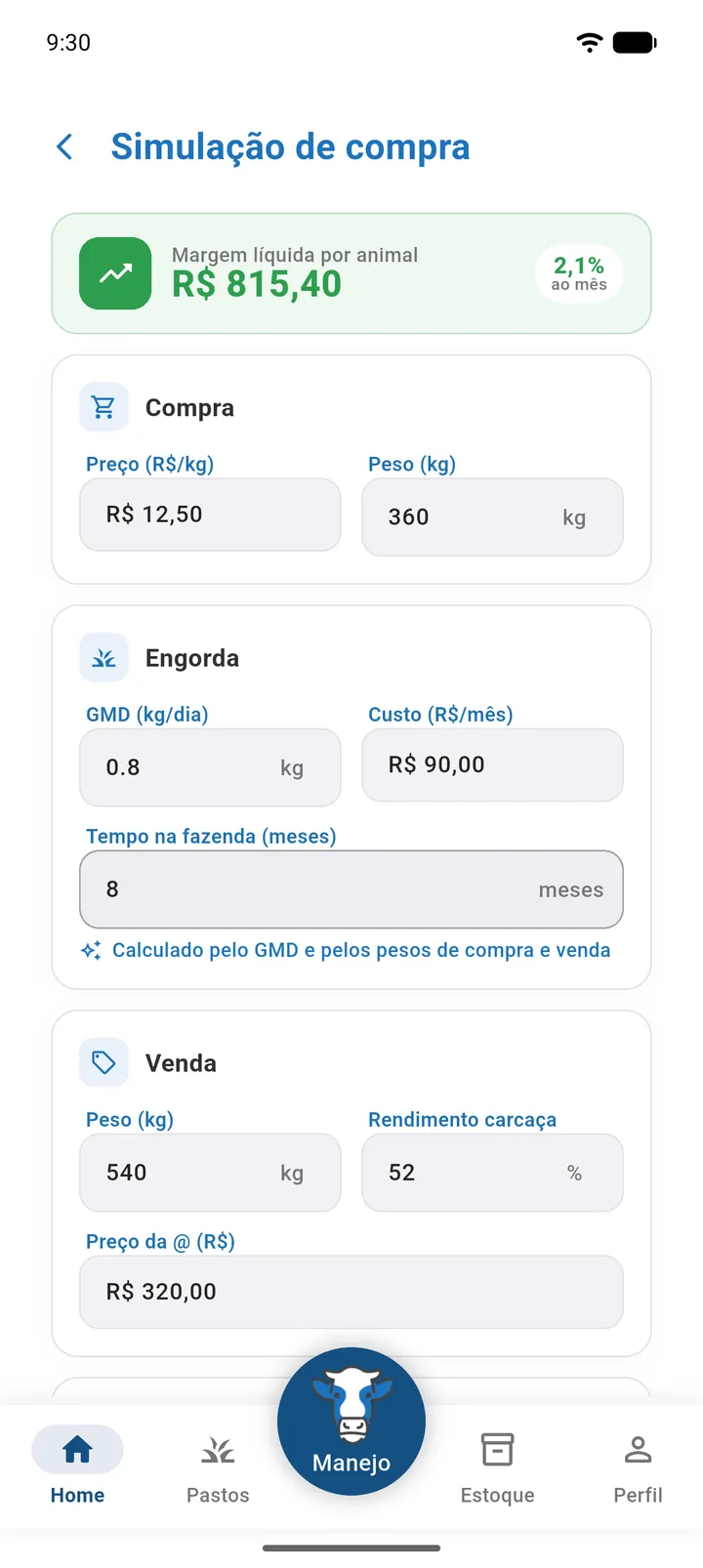 Tela Simulação de compra com as seções Compra, Engorda e Venda preenchidas e o resultado Margem líquida por animal em verde