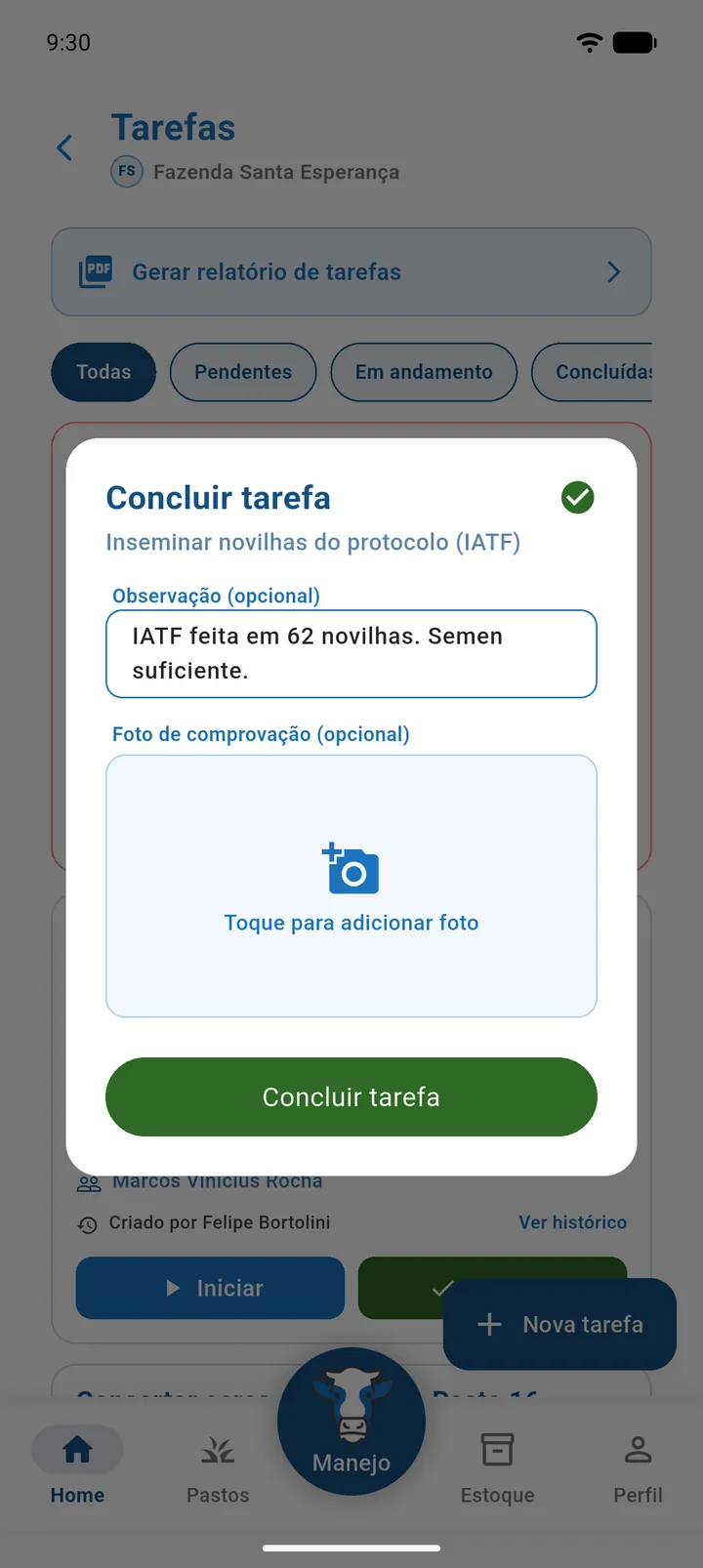 Diálogo Concluir tarefa com o título da tarefa, a observação preenchida e uma foto de comprovação anexada