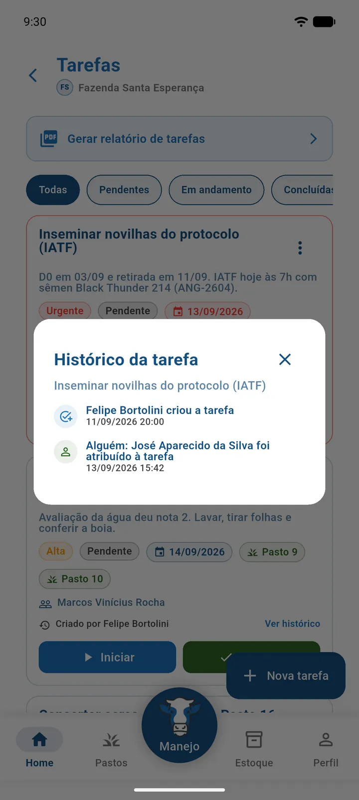 Diálogo Histórico da tarefa com alterações de responsável, prioridade e situação
