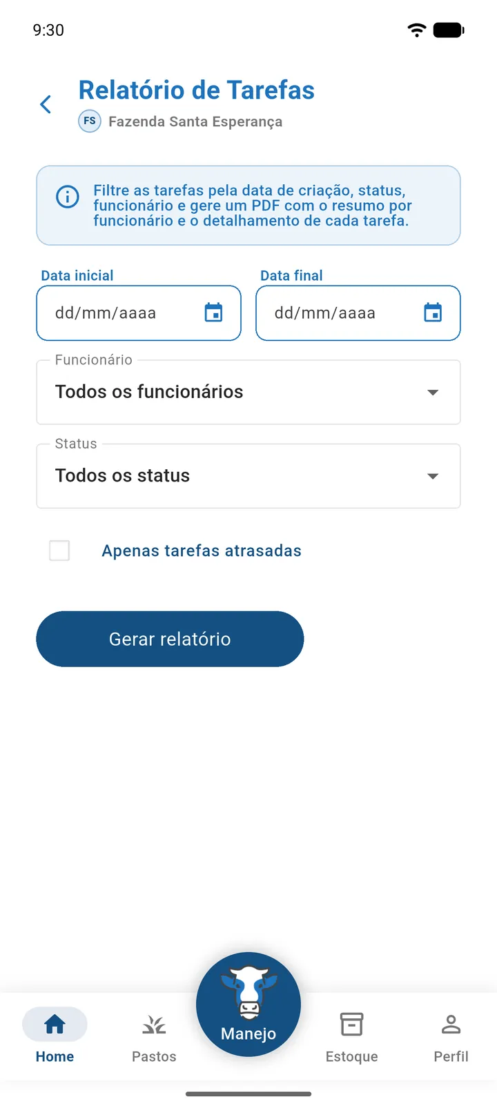 Tela do relatório de tarefas com data inicial, data final, funcionário, status e a opção Apenas tarefas atrasadas