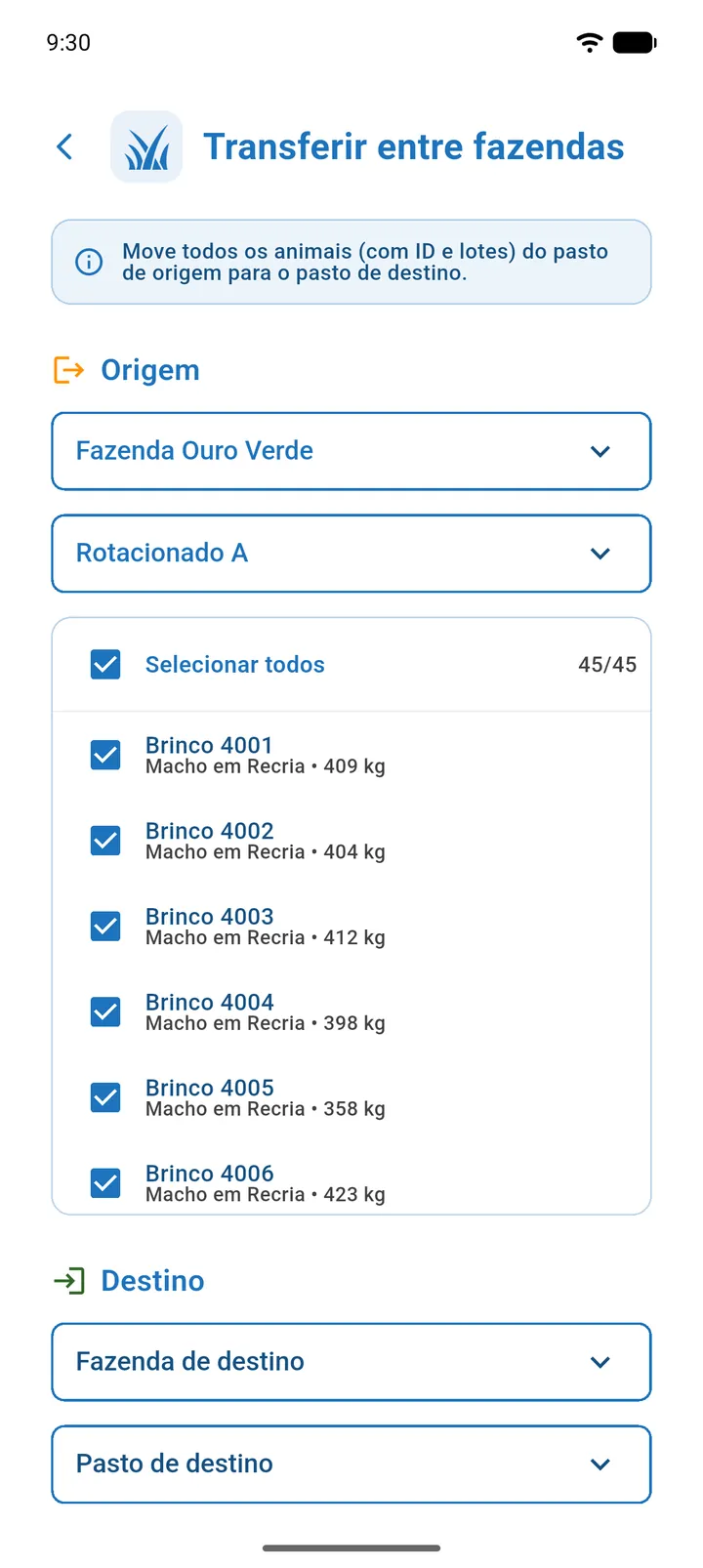 Tela Transferir entre fazendas com os cartões Origem e Destino e a lista de animais do pasto