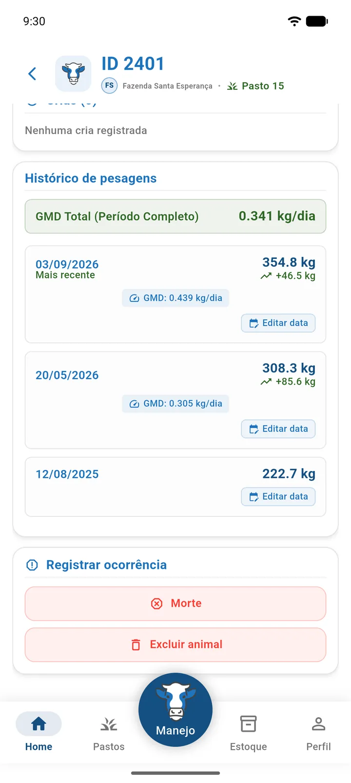 Ficha do animal com histórico de pesagens no app Labass